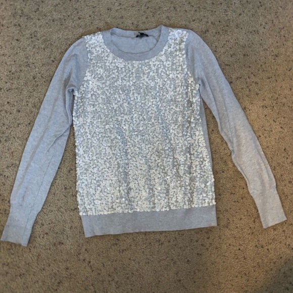Gray Sequin-Front Fitted Crew Neck Cotton Sweater - Size XS - Picture 2 of 8